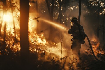 Experienced firefighter spraying water on raging wildland fire in the forest. - obrazy, fototapety, plakaty