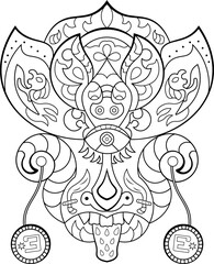 Mystical Cyclops head in mandala style. Hippie tattoo.Zen art. Hand-drawn.  Coloring book page.Vector illustration.