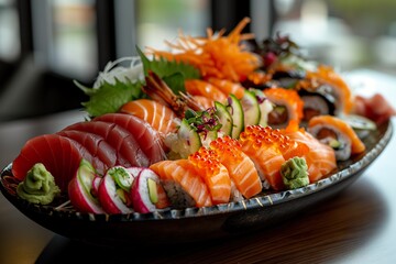 A vibrant platter of assorted sushi and sashimi beautifully arranged on a table. - Powered by Adobe