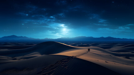 Fototapeta na wymiar A moonlit desert landscape with vast dunes under a starry sky, a lone traveler with a silhouette against the horizon Generative AI