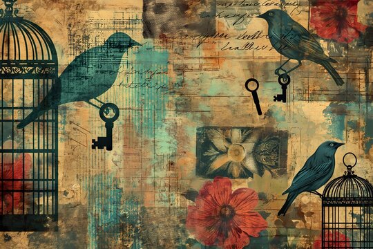 A painting featuring birds, keys, and a birdcage in a grungy collage style.