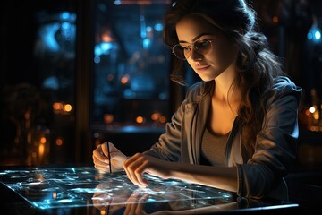 Data analytics, digital technology, night overlay, hologram of coding and woman on tablet trying to comprehend hologram of software.