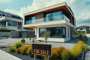 A sleek, modern house with a For Sale sign in front, awaiting its new inhabitants. - obrazy, fototapety, plakaty