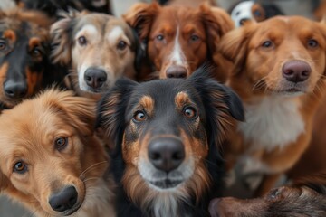A diverse group of dogs standing side by side, showcasing different breeds and sizes in a harmonious gathering. - obrazy, fototapety, plakaty