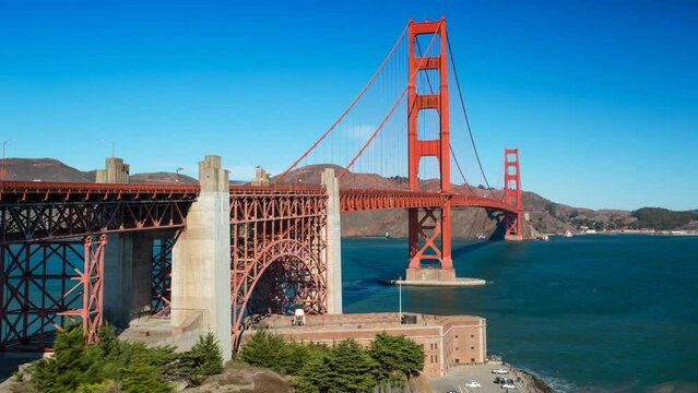 SAN FRANCISCO, USA - MARCH 7, 2024: Timelapse hyperlapse panoramic view of Golden Gate Bridge in San Francisco, California, USA