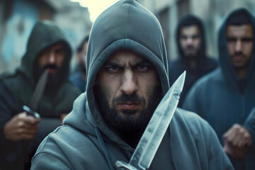 A man in a hooded sweatshirt holds a knife. - obrazy, fototapety, plakaty