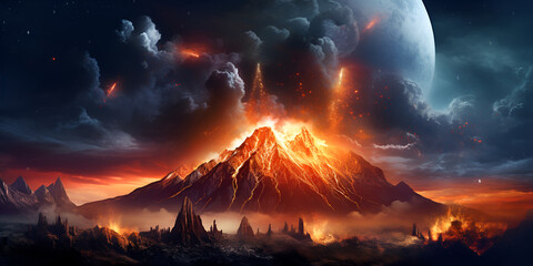 A picture of a geology volcano with magma ,smoke, clouds explosion in the sky landscape background

