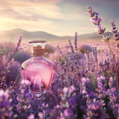 Perfume bottle amidst a lavender field at sunset - A luxury perfume bottle elegantly set against a blooming lavender field during a serene sunset