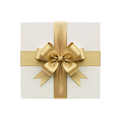 A top view of a white gift box with a golden ribbon bow decoration on an isolated background
