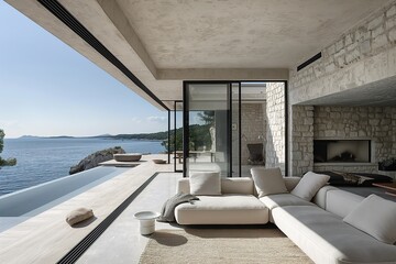 A cozy living room featuring stylish furniture arrangements next to a large window with a breathtaking view of the Croatian house. - obrazy, fototapety, plakaty