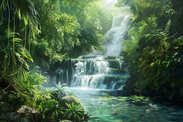 Sunlit tropical waterfall with clear blue water - Sunbeams filter through the trees, illuminating the multi-tiered waterfall and tranquil teal waters, highlighting a vivid ecosystem