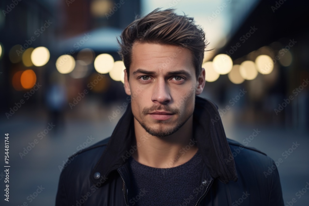Poster A man in a black jacket looking directly at the camera. Suitable for various concepts