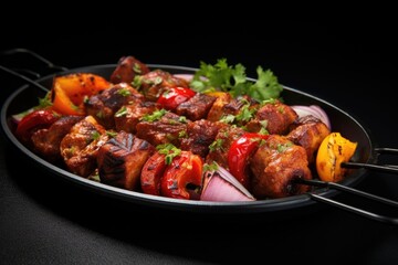 A pan filled with meat and vegetables on a table. Suitable for food and cooking concepts