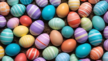 Fototapeta na wymiar Multitude of colorful chocolate easter eggs background, painted with geometrical and stripes patterns