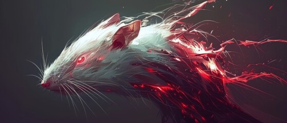  a computer generated image of a rat's head with red and white paint splattered all over it.