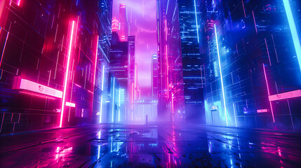 Neon Futuristic Tunnel with Abstract Geometric Shapes, Digital Technology and Sci-Fi Concept, Vibrant Urban Architecture