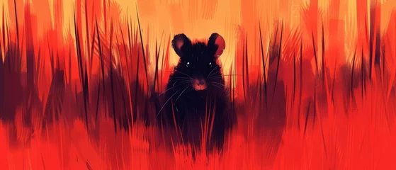 Zelfklevend Fotobehang  a digital painting of a black mouse in a field of tall grass with orange and red hues in the background. © Frederik