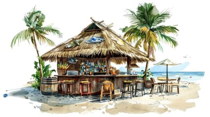 Beachside bars with thatching straw roofs, evoking tropical relaxation.