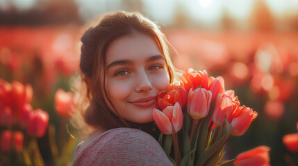 Blühende Zuneigung: Junge Frau genießt den Duft von Tulpen - obrazy, fototapety, plakaty