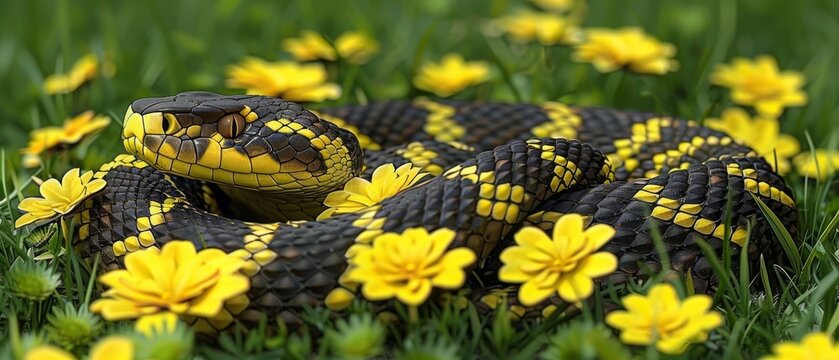  a close up of a snake in a field of grass with yellow flowers in the foreground and a background of green grass and yellow flowers in the foreground.