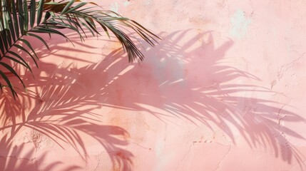 Palm tree shadow on a pink textured wall background, holiday concept wit palm tree leaves and a mediterranean pink textured wall, a tropical template with palm tree leaves and shadows and copy space - obrazy, fototapety, plakaty