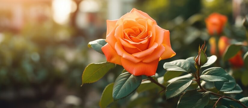 A detailed view of a vibrant orange rose blooming outdoors in a garden setting, with blurred green leaves in the background. The image captures the delicate beauty of the rose and symbolizes nature