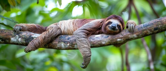 Obraz premium a brown and white sloth sleeping on a tree branch in a tree with lots of leaves in the background.