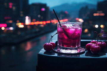 Glass of Sleepy Girl Mocktail, on the windowsill, overlooking the night city blurred background. Drink made from cherry juice, magnesium powder and non-alcoholic soda - obrazy, fototapety, plakaty