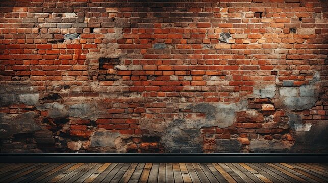 Old grunge brick wall with wooden floor.