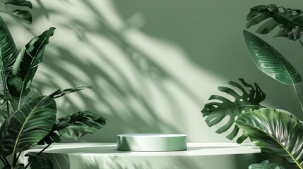 green podium stage with forest theme for product presentation, realistic 3d rendering . AI Generative