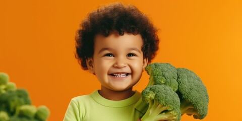 A young child holding a piece of broccoli. Suitable for healthy eating concept