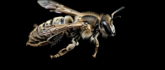  a close up of a bee on a black background with a black back ground and a black back ground with a black back ground.