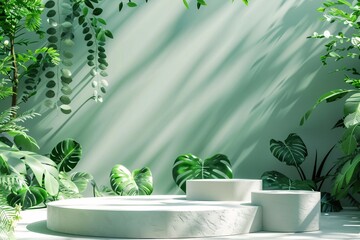 green podium stage with forest theme for product presentation, realistic 3d rendering . AI Generative