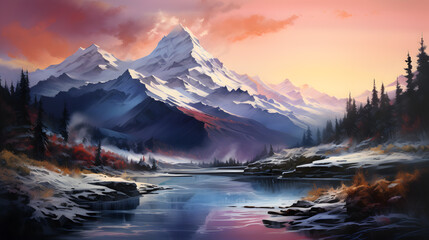 A snowy mountain peak at sunrise, the sky ablaze with warm colors, painting the serene and majestic beauty of a winter landscape Generative AI - obrazy, fototapety, plakaty
