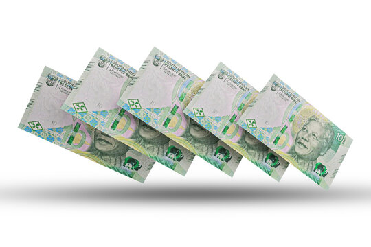 3D rendering of Stacks of South Africa Money 10 Rand Banknotes