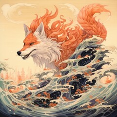 Fototapeta premium A painting of a fox riding a wave in the ocean. Suitable for various artistic projects