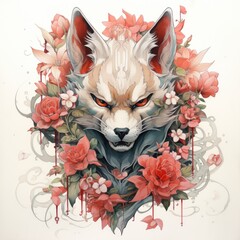 Fototapeta premium A drawing of a fox with red eyes surrounded by flowers. Suitable for nature and wildlife themes