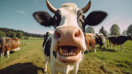 Close up of a cow's face in a field, suitable for agricultural concepts