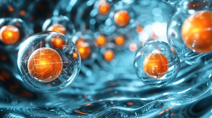 Abstract Concept of Floating Spherical Cells in a Fluid Dynamic Environment - obrazy, fototapety, plakaty