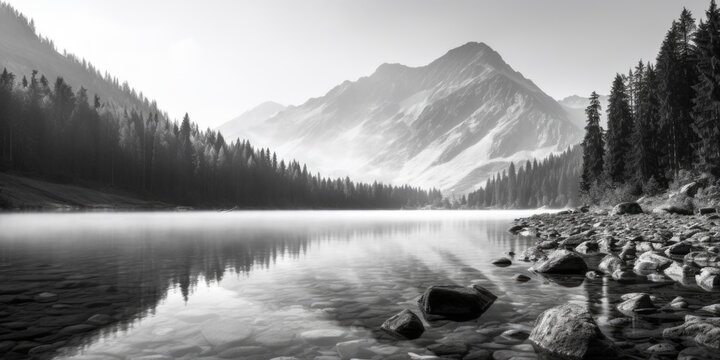 Scenic black and white photo of a tranquil mountain lake. Suitable for various design projects