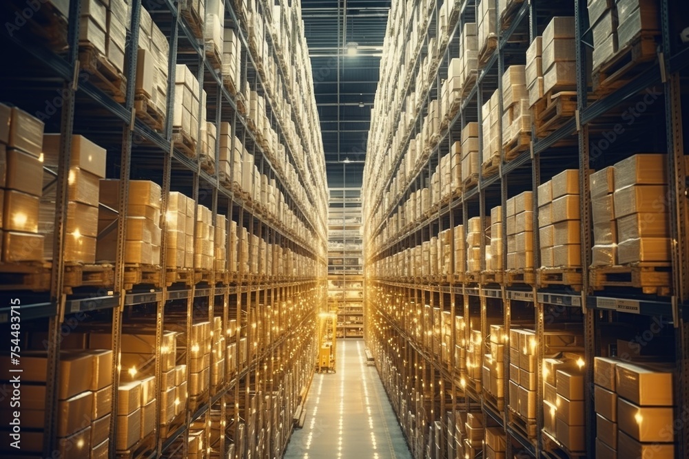 Poster a large warehouse filled with boxes. suitable for logistics and storage concepts
