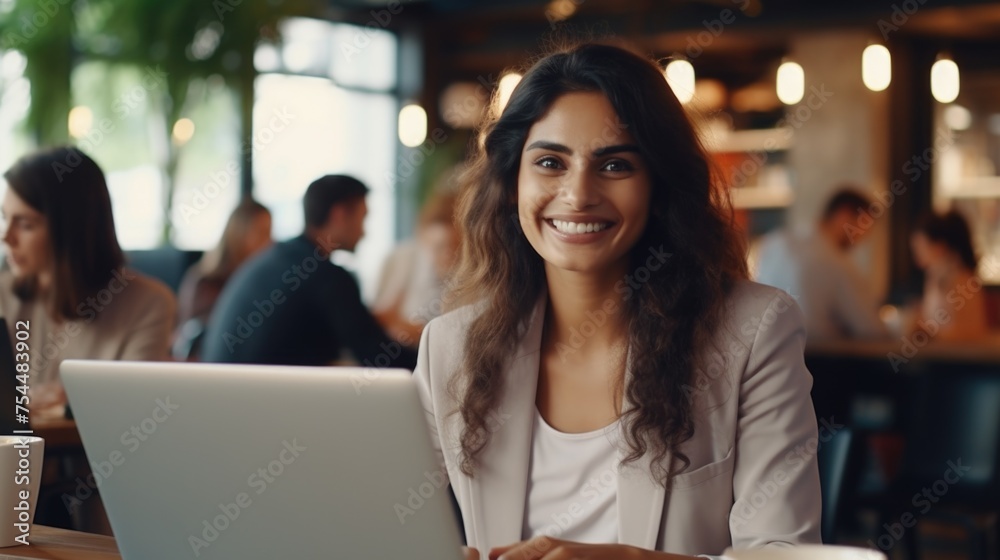 Poster a woman sitting in front of a laptop computer. suitable for technology concepts