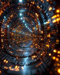 Intricate Network Tunnel with Shimmering Lights Illustrating Data Transfer and Cybersecurity Concepts
