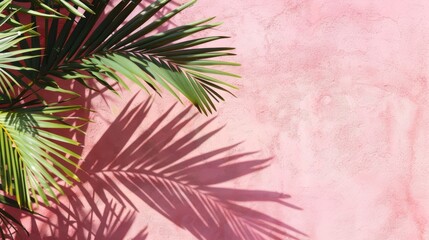 Palm tree shadow on a pink textured wall background, holiday concept wit palm tree leaves and a mediterranean pink textured wall, a tropical template with palm tree leaves and shadows and copy space