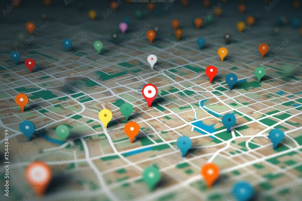 Poster detailed map with colorful pins, ideal for travel concepts