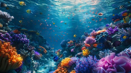 Underwater paradise with fish and corals - An immersive view of a rich, vibrant underwater scape teeming with fish life among vividly colored corals