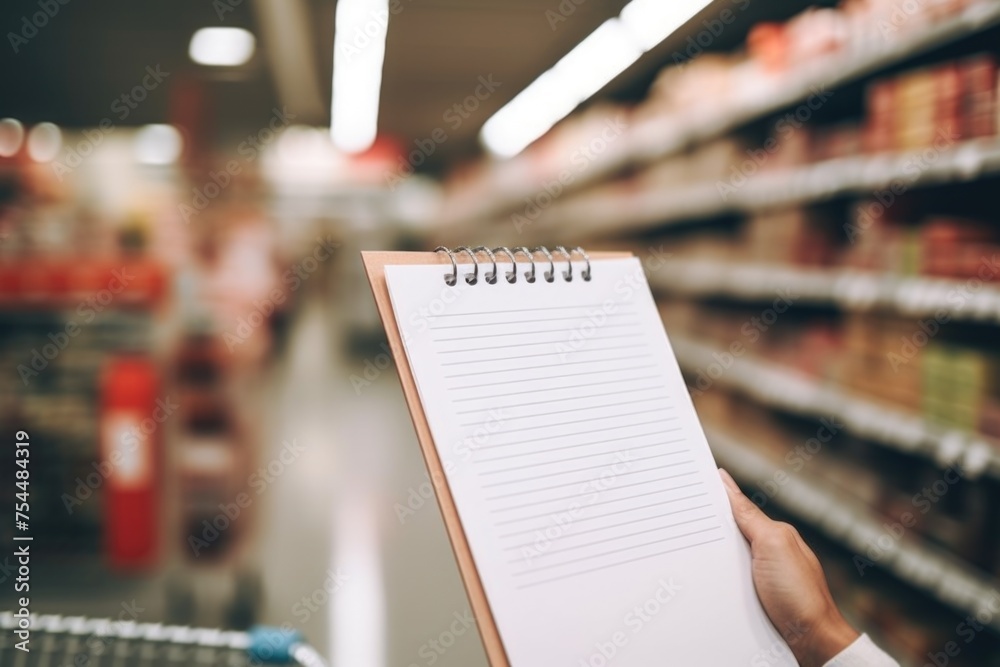 Aufkleber a person holding a notebook in a grocery store. ideal for business or shopping concepts