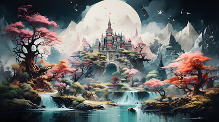 A surreal dreamscape with floating islands, gravity-defying landscapes and fantastical creatures, and evokes limitless possibilities Generative AI - obrazy, fototapety, plakaty