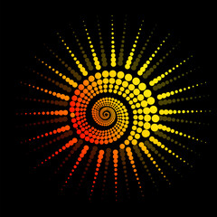 Shining sun object on a black background. Abstract spiral snail in the form of the sun. hand drawing. Not AI. Vector illustration