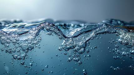 Agua en estado líquido, azul transparente, foto donde se muestra mitad llena, burbujas, gotas representación para el día del agua, evento, celebración, recurso natural saludable, hidratación bienestar - obrazy, fototapety, plakaty